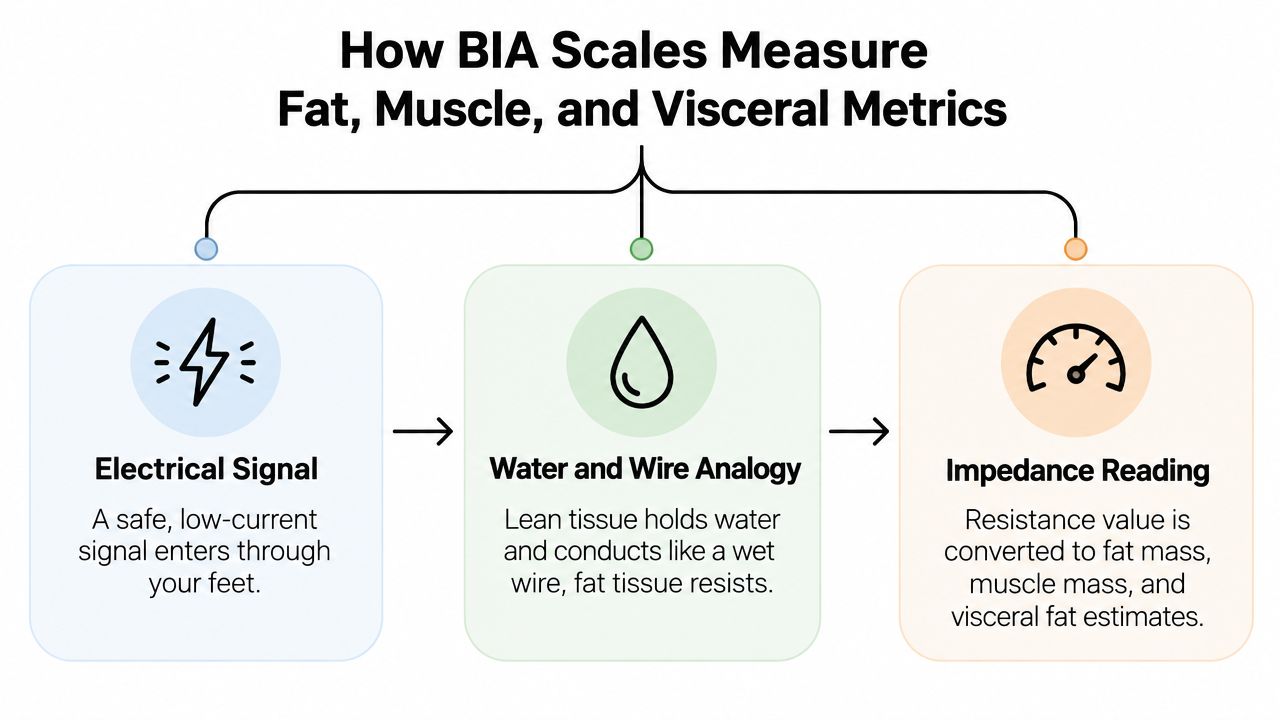 A diagram explaining how BIA scales measure body fat, muscle mass, and visceral fat using electrical signals.