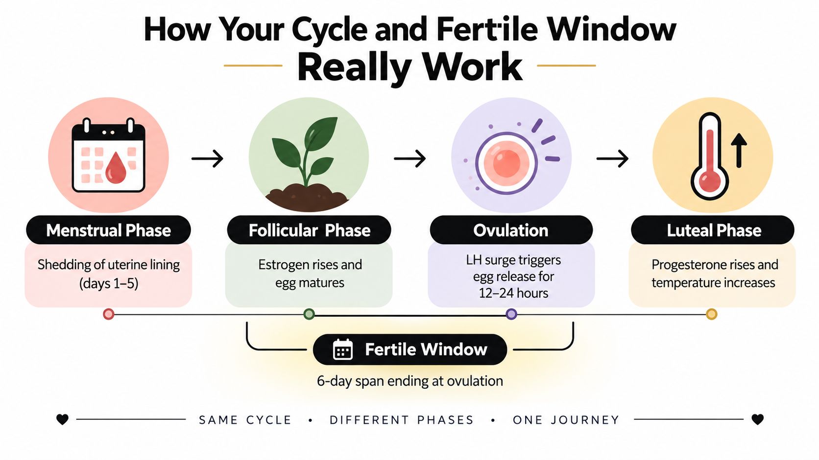 A diagram illustrating the four phases of the menstrual cycle, including the fertile window and its duration.
