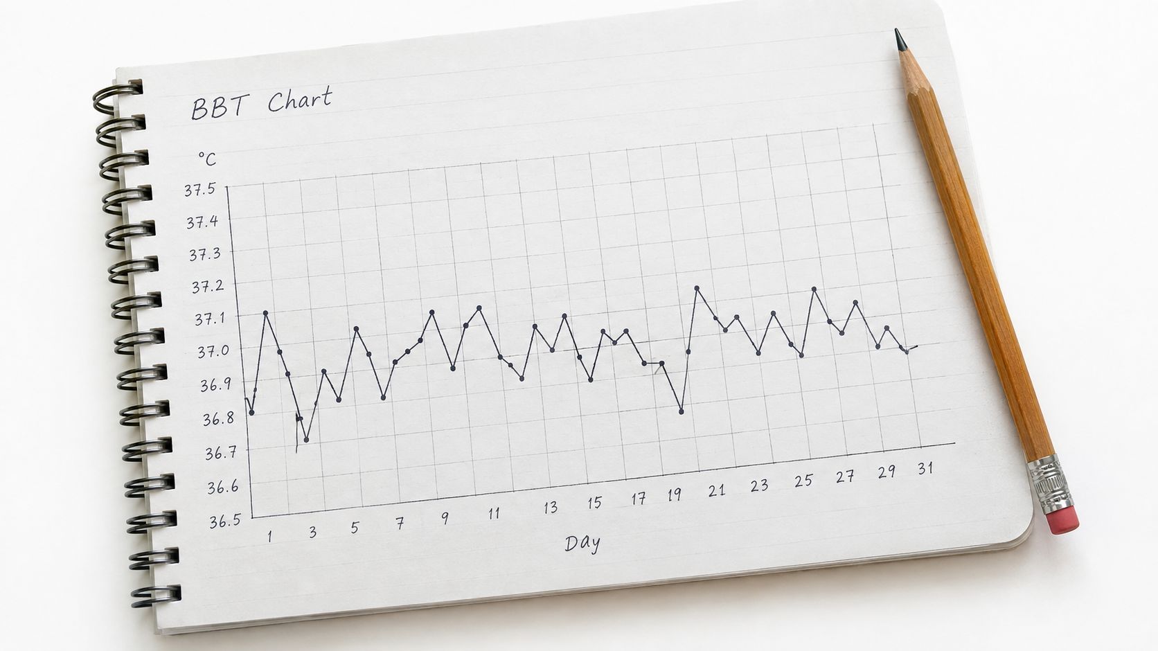 A hand-drawn basal body temperature chart on spiral-bound notepad paper with a pencil lying alongside.
