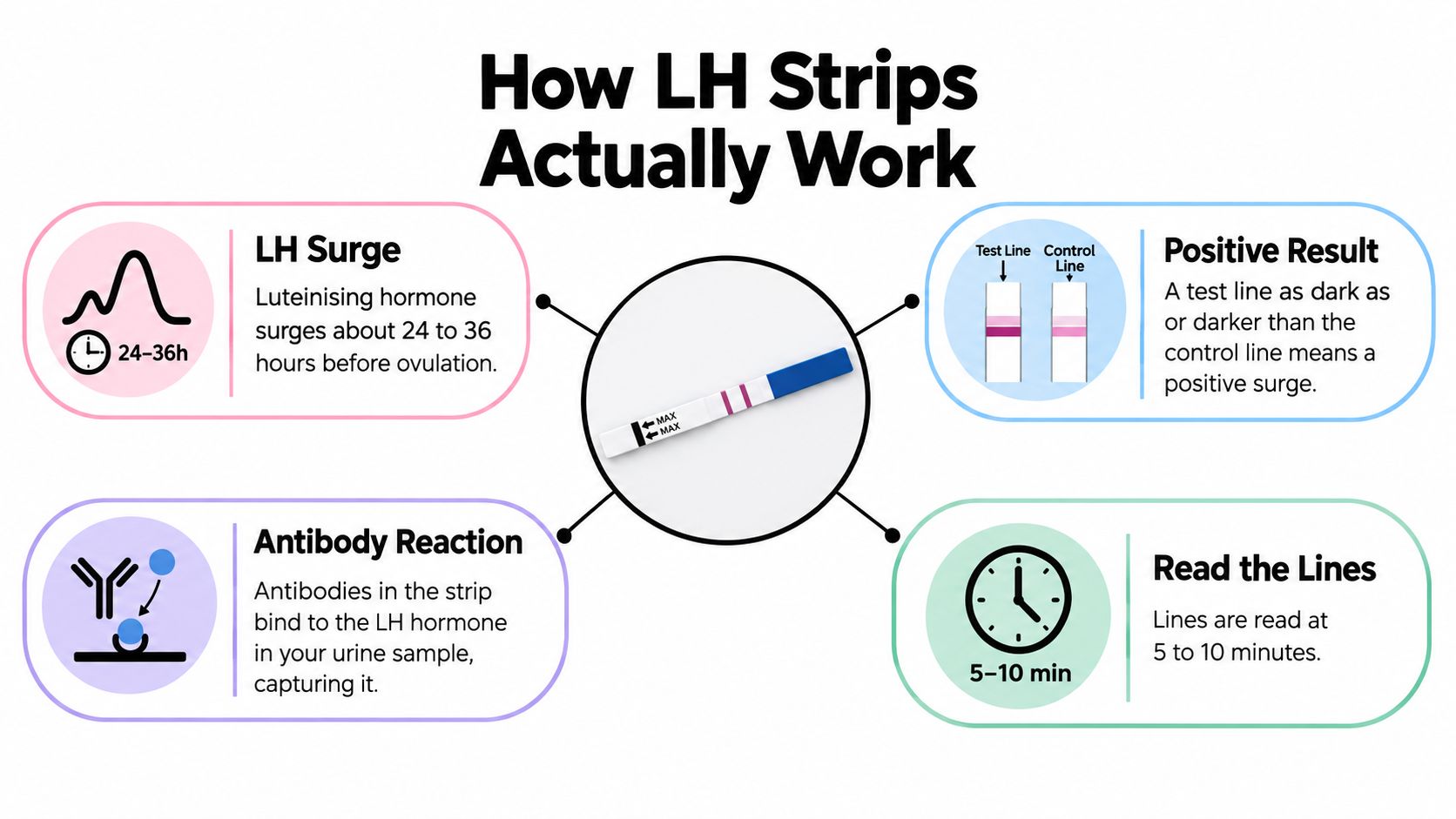 An infographic explaining how LH test strips detect hormone surges to predict ovulation, showing steps and results.