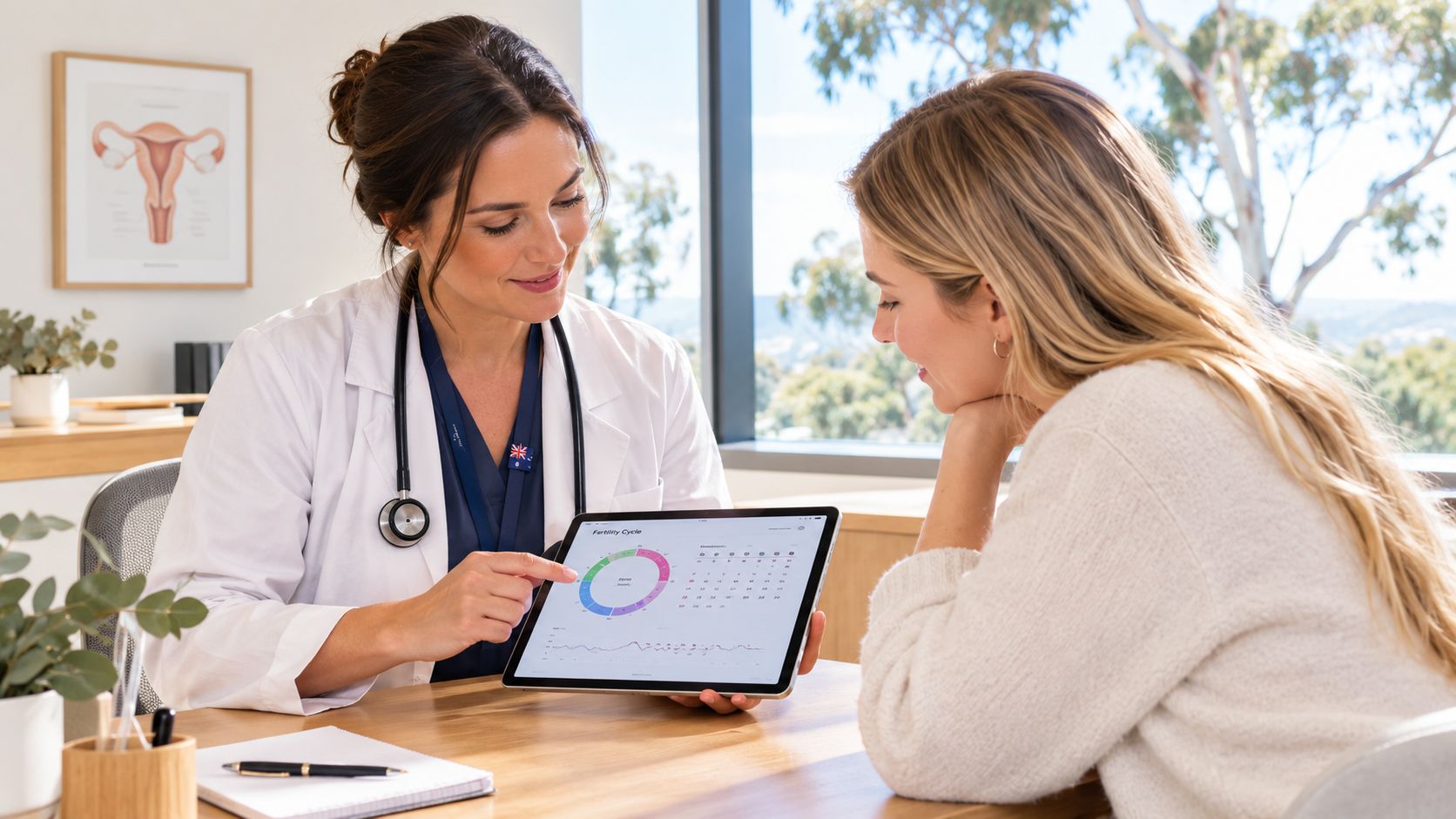 A female doctor showing a fertility cycle digital chart to a female patient in a clinic office.
