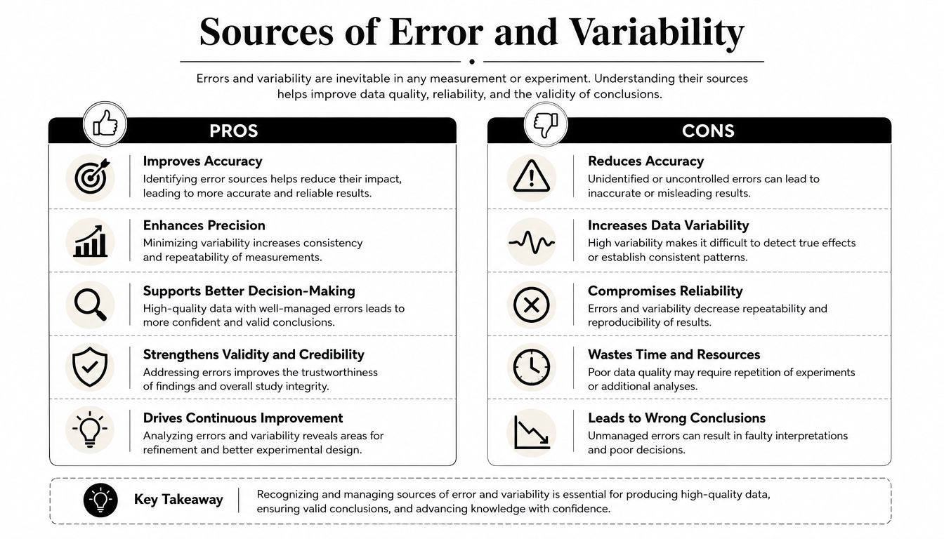 An infographic titled Sources of Error and Variability displaying pros and cons of managing experimental data errors.