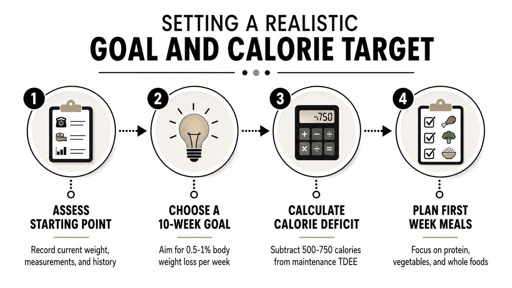 A four-step infographic illustrating a realistic guide to setting weight loss goals and calculating calorie deficits.