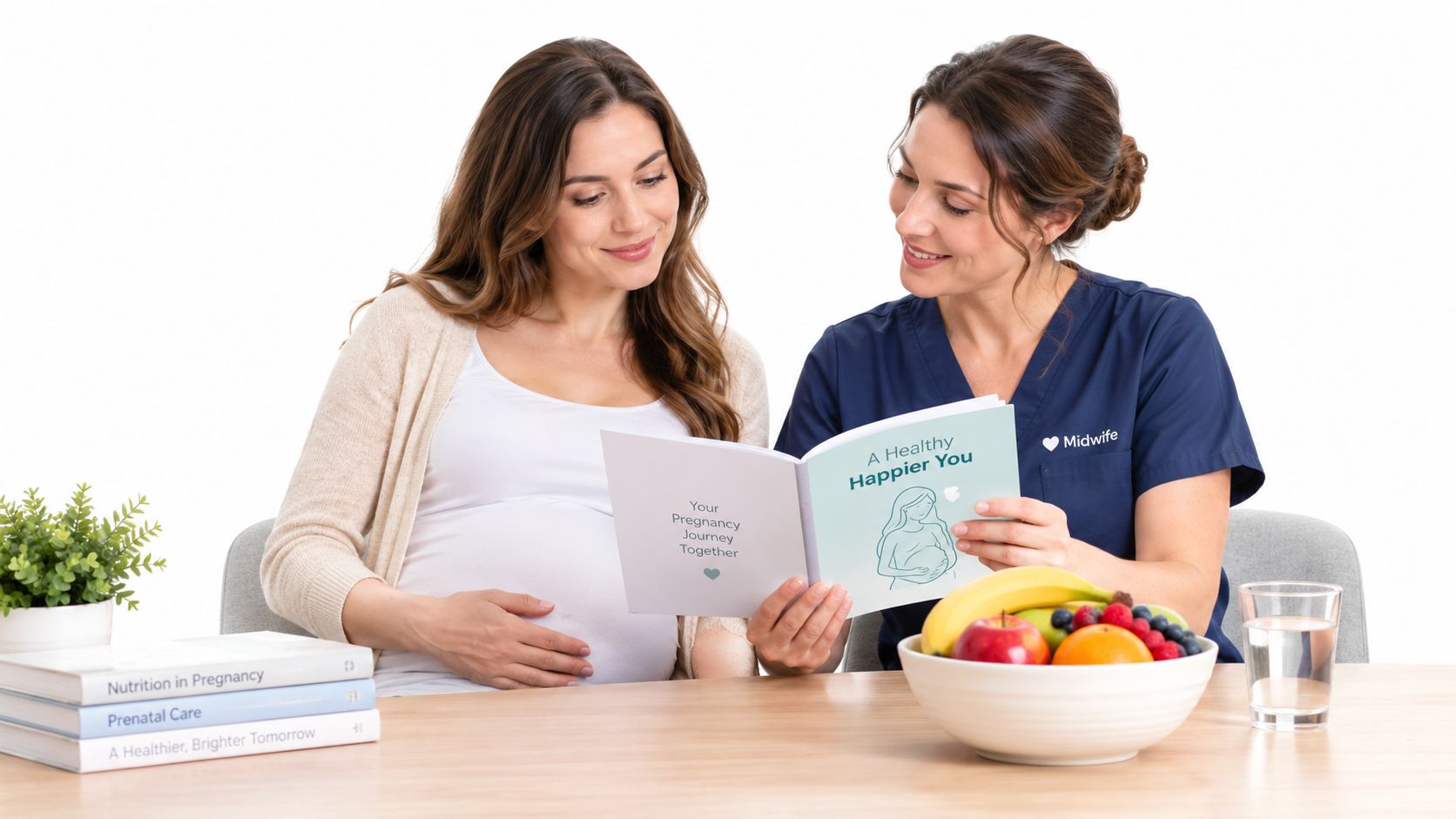 A pregnant woman and her midwife reviewing pregnancy health information together in a clinic setting.