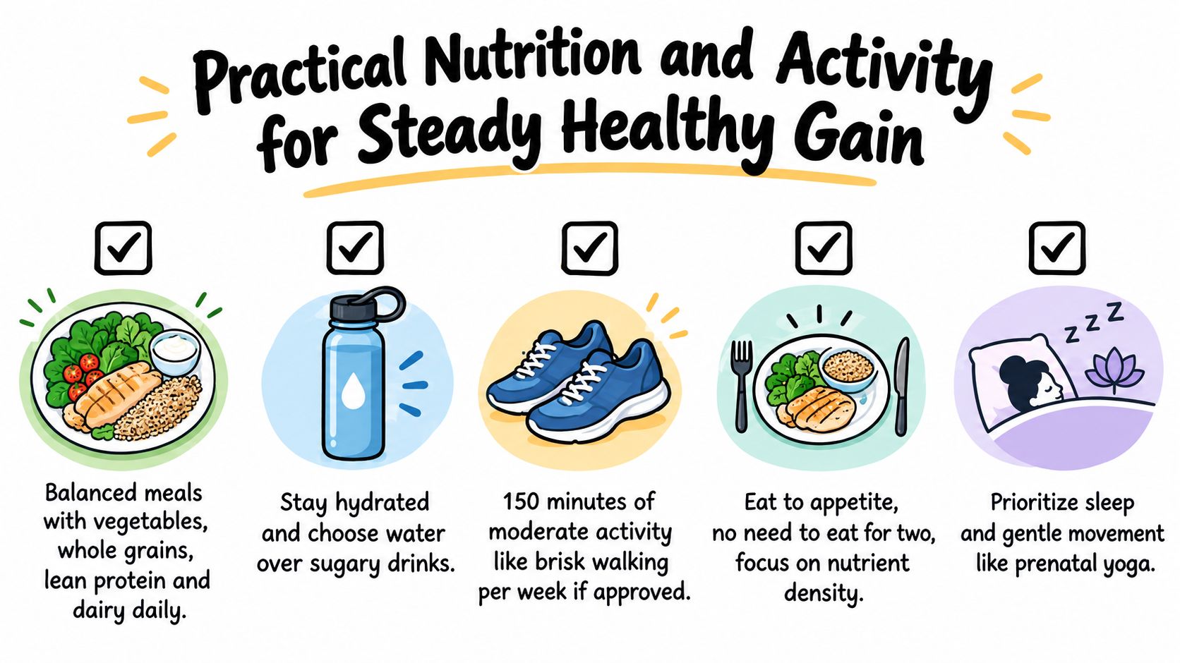 An infographic showing healthy nutrition and activity tips for a steady weight gain during pregnancy.