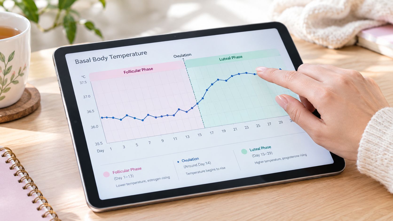 A person using a tablet to track basal body temperature cycle phases on a digital chart.