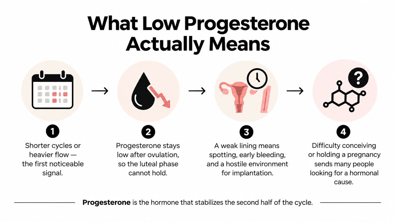 An infographic illustrating four signs of low progesterone, including shorter cycles, spotting, and difficulty with pregnancy.