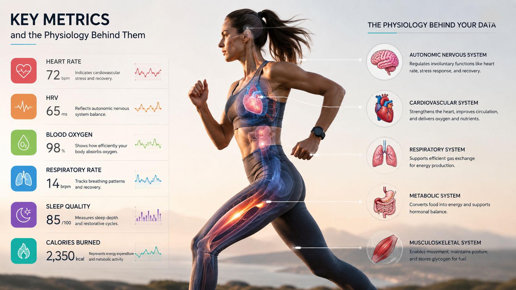 A female runner showcasing key health metrics like heart rate, blood oxygen, and internal physiological systems diagram.