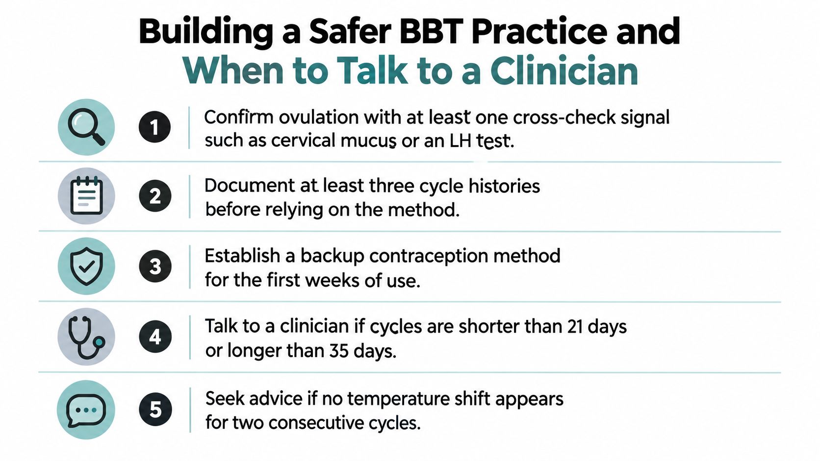 A list of five essential tips for safely practicing basal body temperature methods and when to seek medical advice.