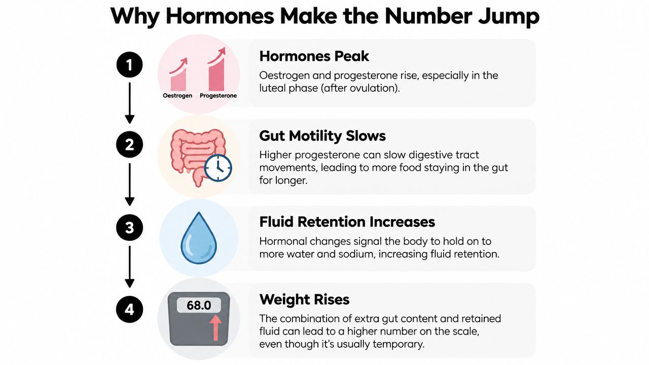 A four-step infographic explaining how hormonal fluctuations cause temporary weight gain before a menstrual period.