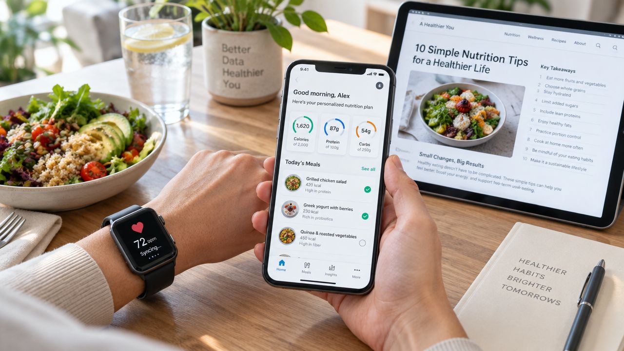 A person checking a nutrition tracking app on their phone alongside a healthy meal and tablet.