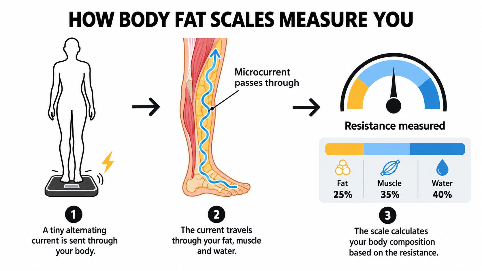 A diagram illustrating how body fat scales measure composition using electrical impedance through your legs and feet.