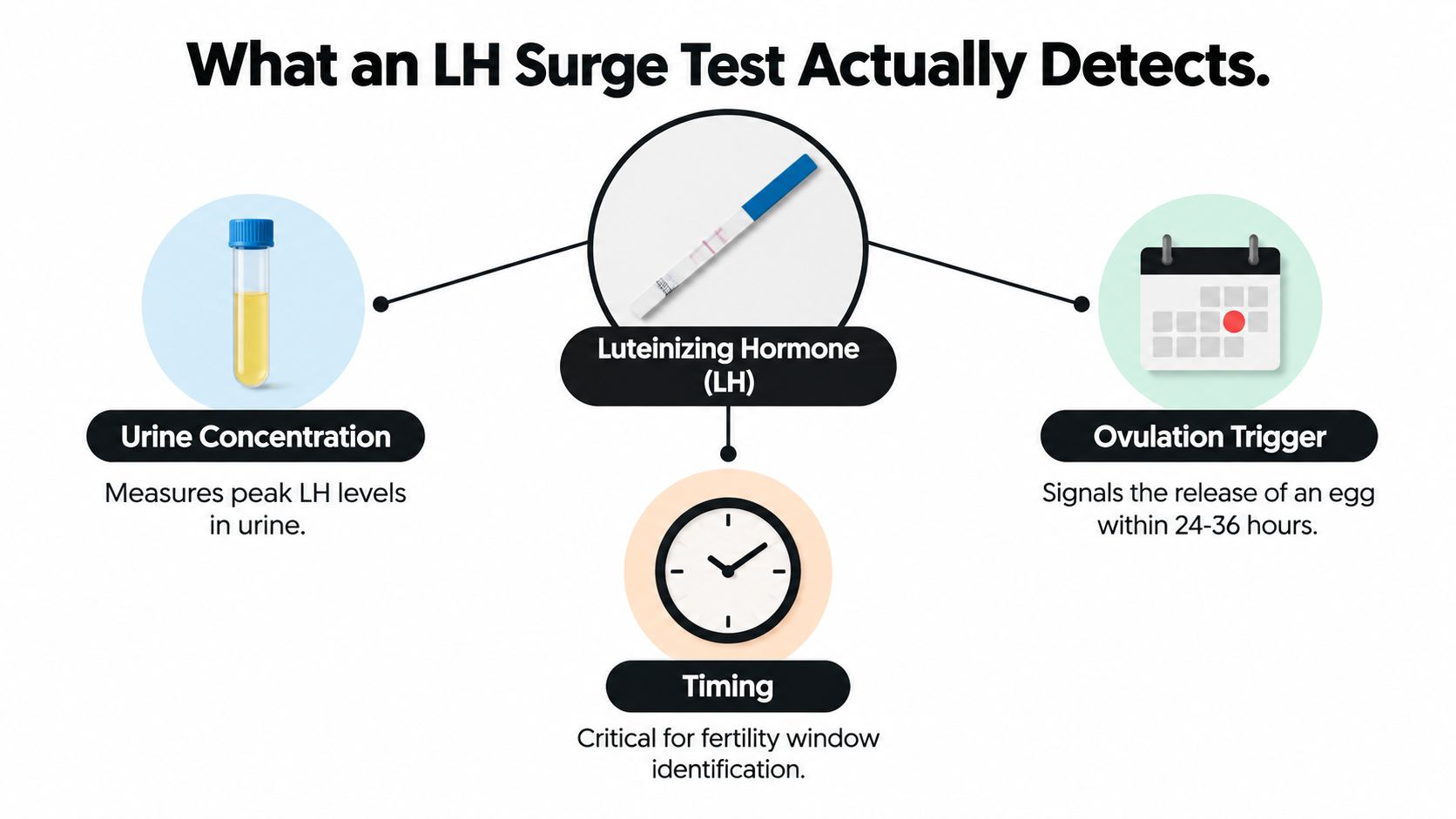 A diagram explaining how an LH surge test identifies urine concentration, ovulation timing, and the release of an egg.
