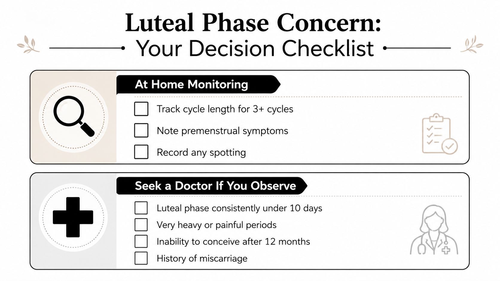 A helpful infographic titled Luteal Phase Concern with checklists for at-home monitoring and when to seek medical advice.