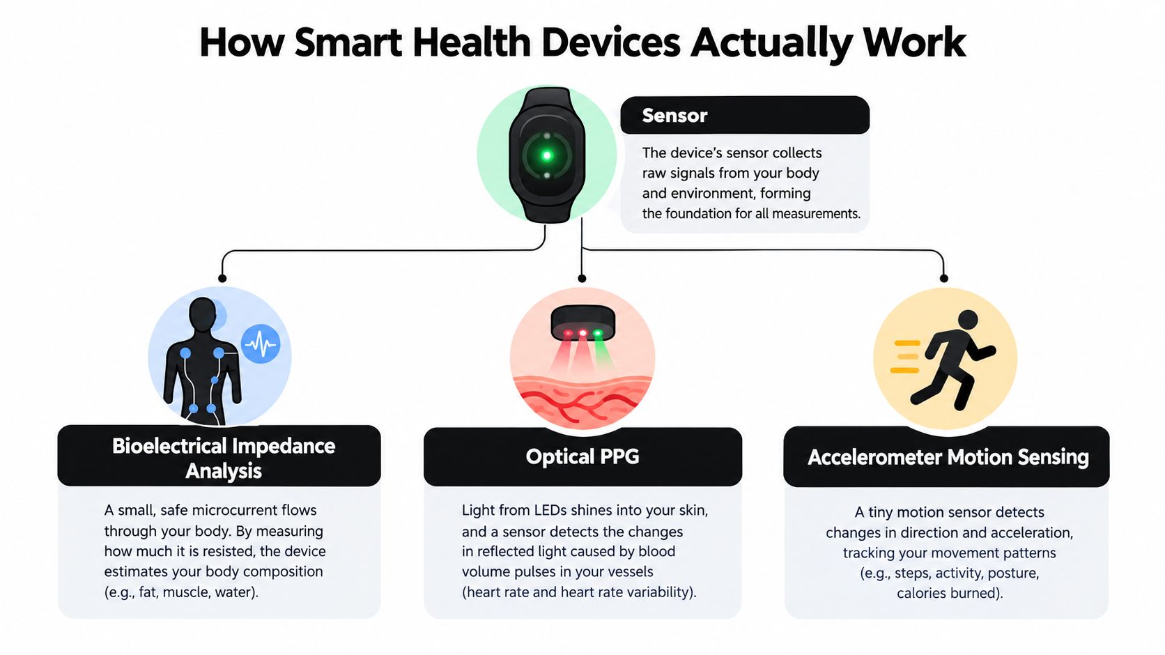 A diagram illustrating how smart health devices use sensors for bioelectrical impedance, optical PPG, and motion sensing.