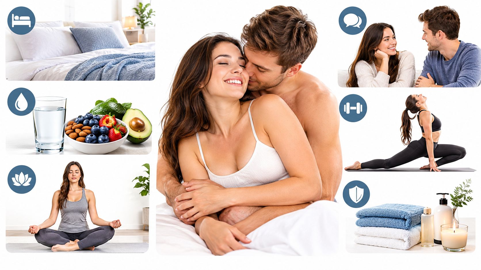 A collage showing various healthy lifestyle habits including sleep, proper nutrition, communication, exercise, meditation, and hygiene.