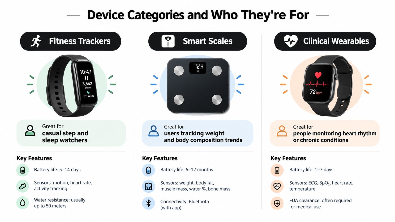 A comparison chart showing features and target audiences for fitness trackers, smart scales, and clinical wearables.