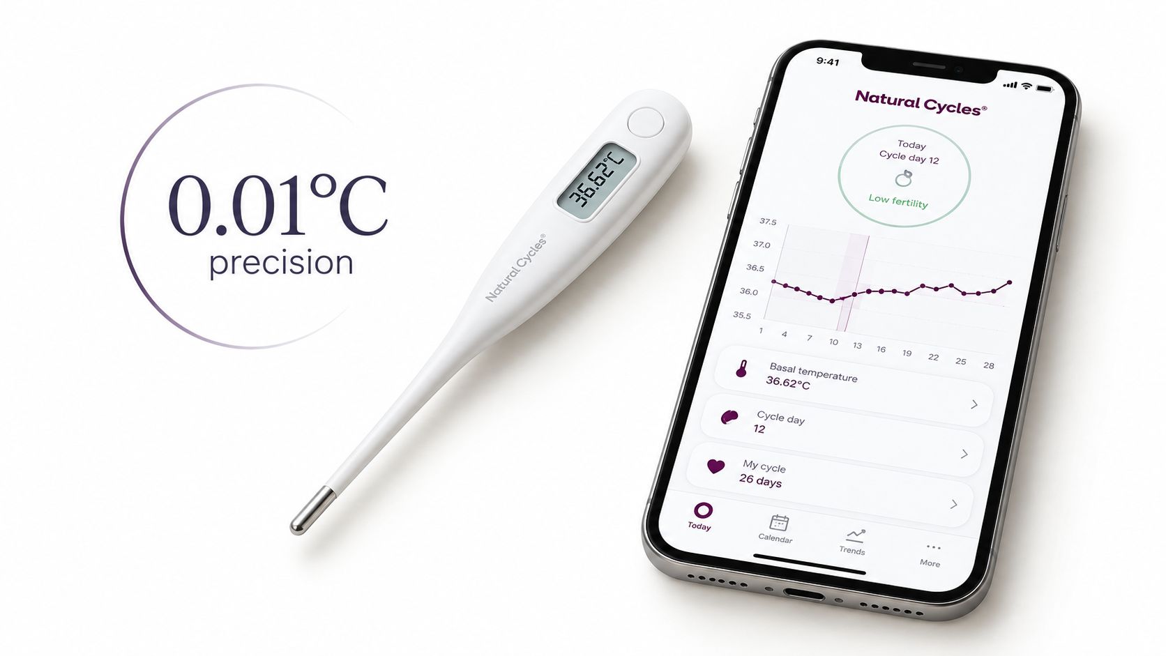 A digital basal thermometer next to a smartphone displaying the Natural Cycles fertility tracking app interface.