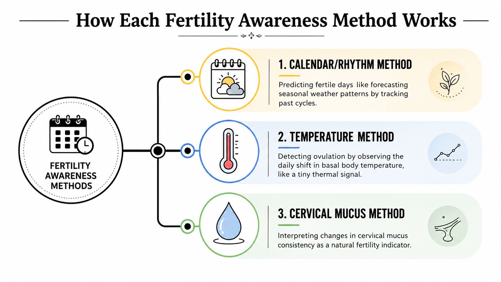 A diagram explaining three fertility awareness methods: the calendar method, temperature method, and cervical mucus method.