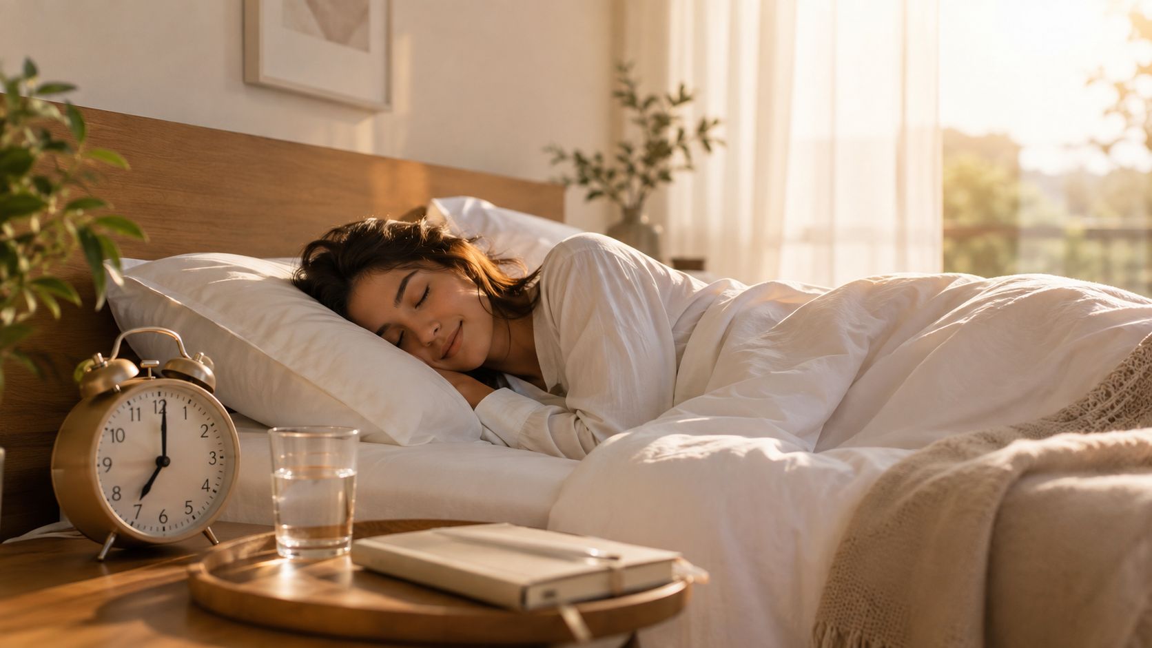 A peaceful young woman sleeping soundly in a cozy bed with warm morning sunlight streaming through the window.