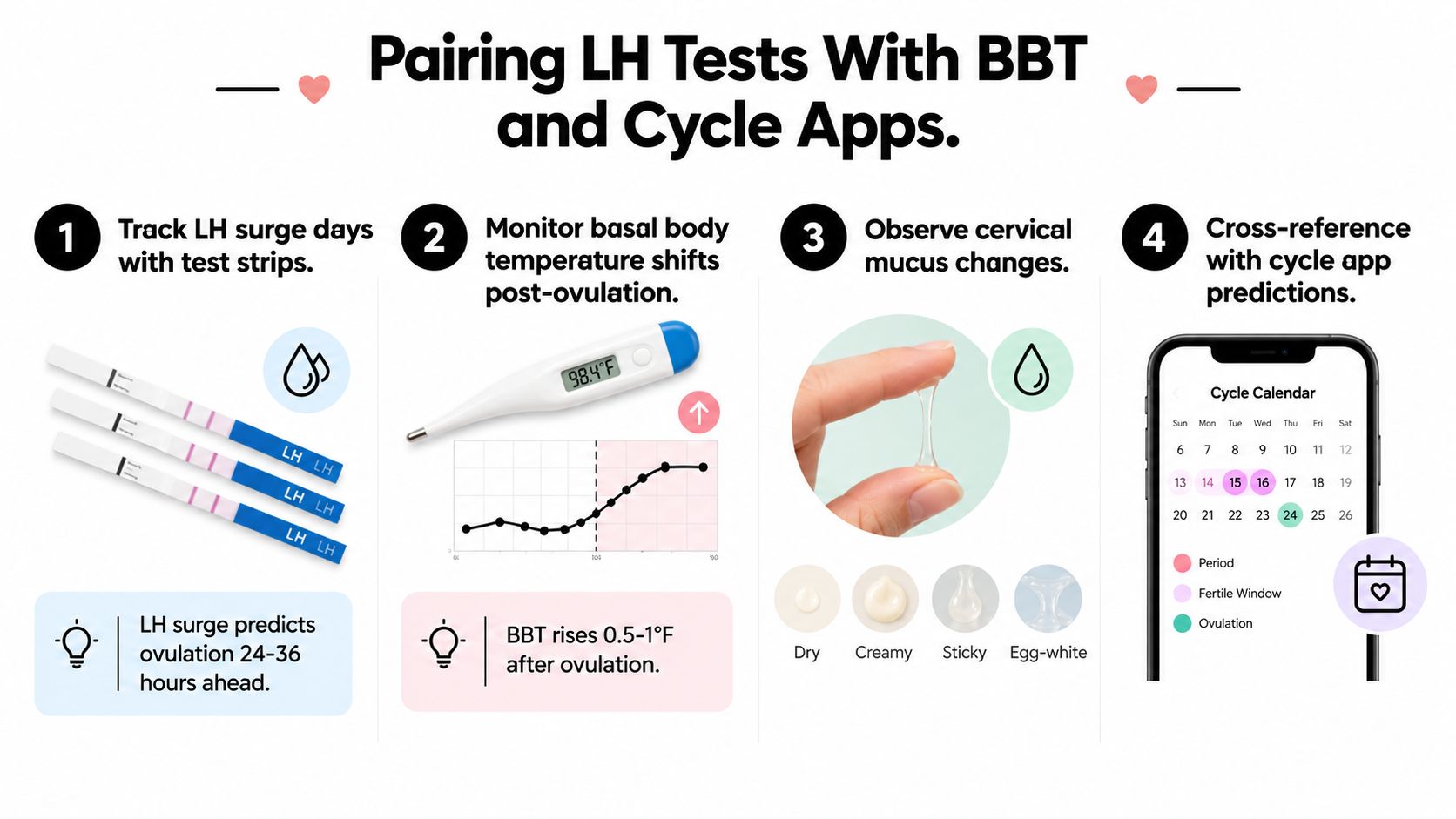 A four-step infographic illustrating how to track ovulation using LH tests, basal body temperature, and cycle apps.