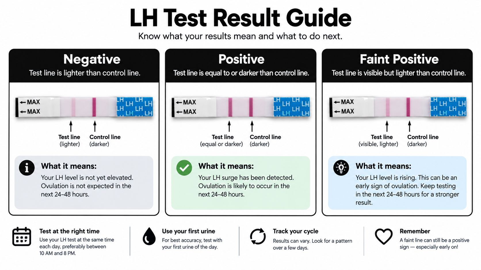 A visual guide explaining how to interpret LH ovulation test strip results for negative, positive, and faint positive outcomes.
