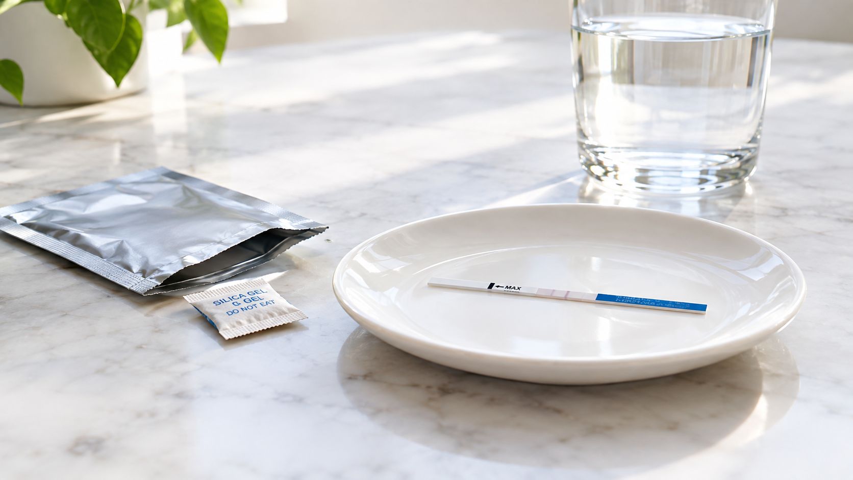 An LH test strip lying on a white plate next to a silica gel packet and glass.