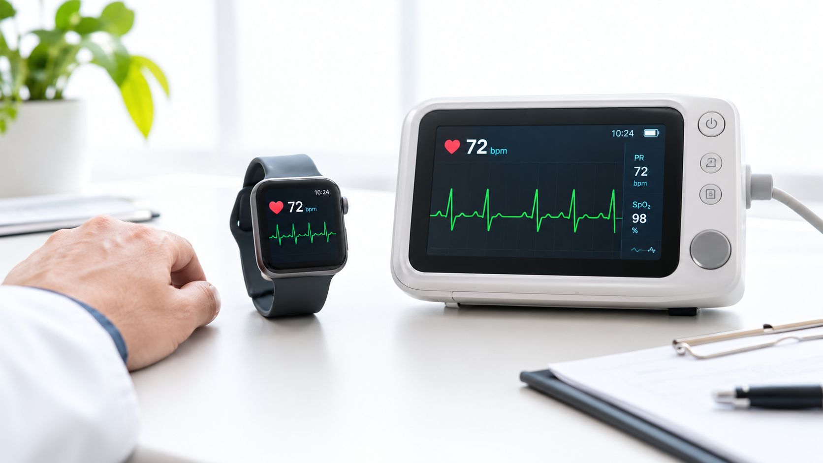 A doctor watches health metrics displayed on a digital smartwatch and a medical monitor on a table.