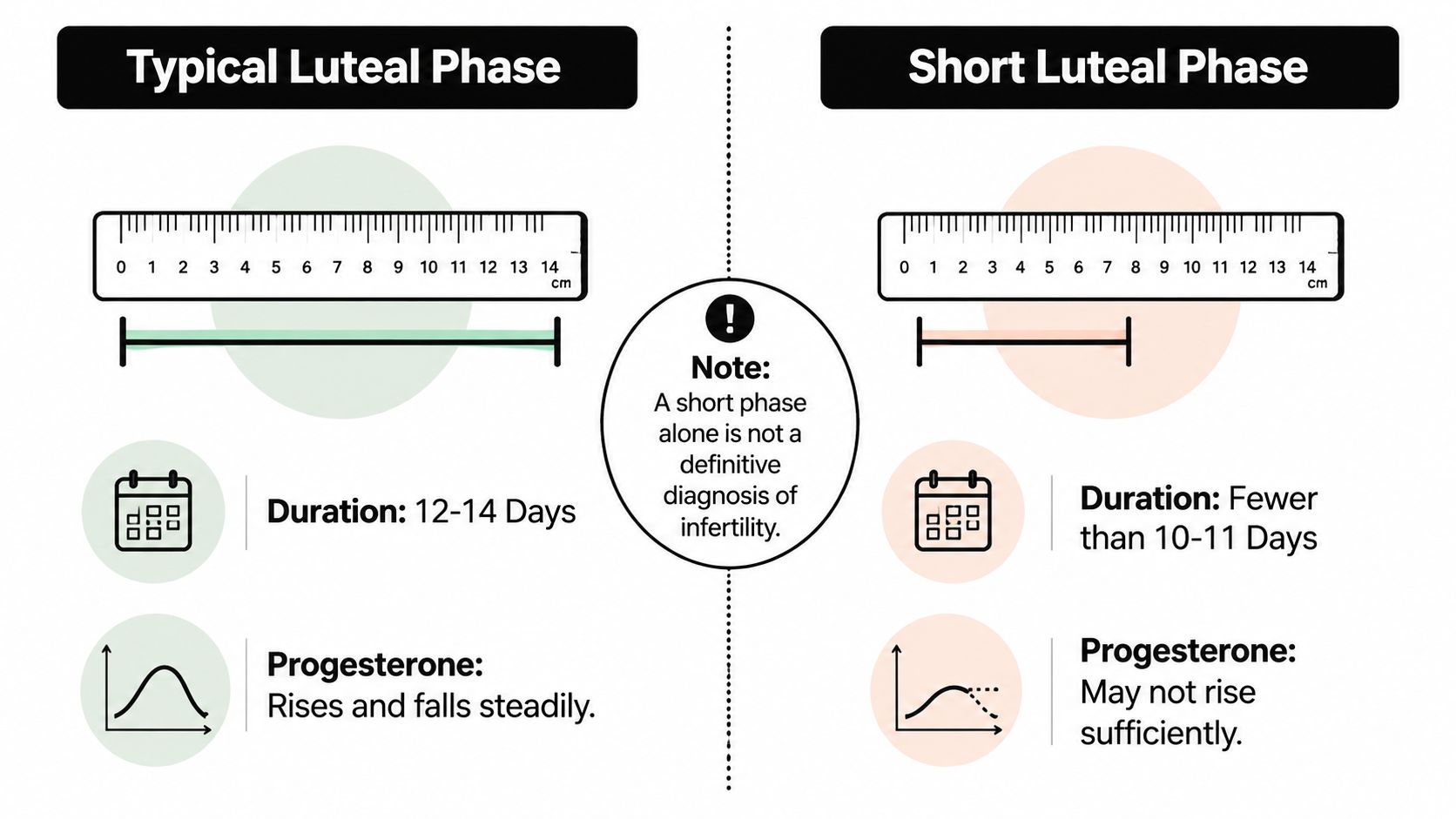 A comparison chart showing the differences in duration and progesterone levels between a typical and short luteal phase.