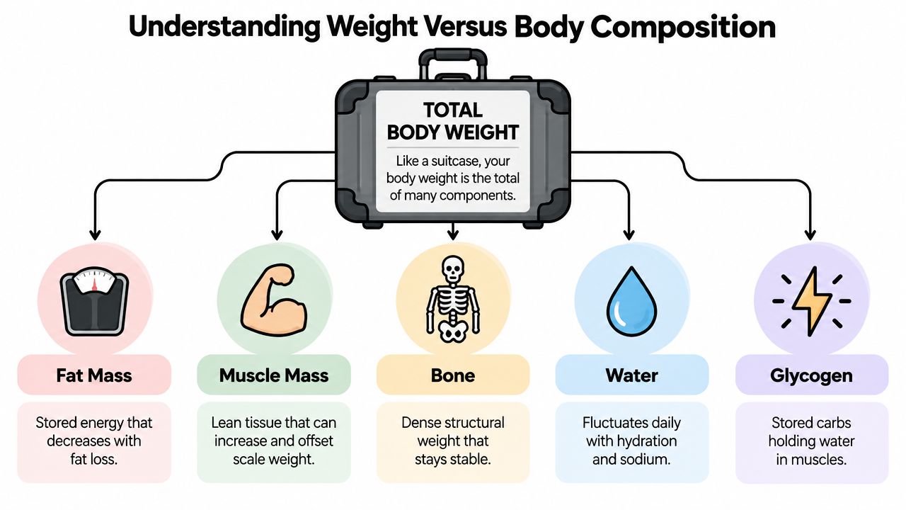 An infographic showing that total body weight is composed of fat, muscle, bone, water, and glycogen.