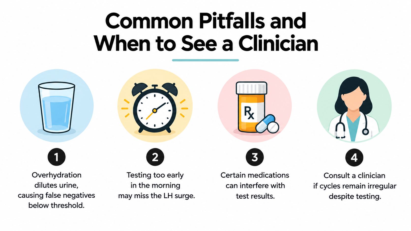 An infographic titled Common Pitfalls and When to See a Clinician outlining four tips for ovulation testing.