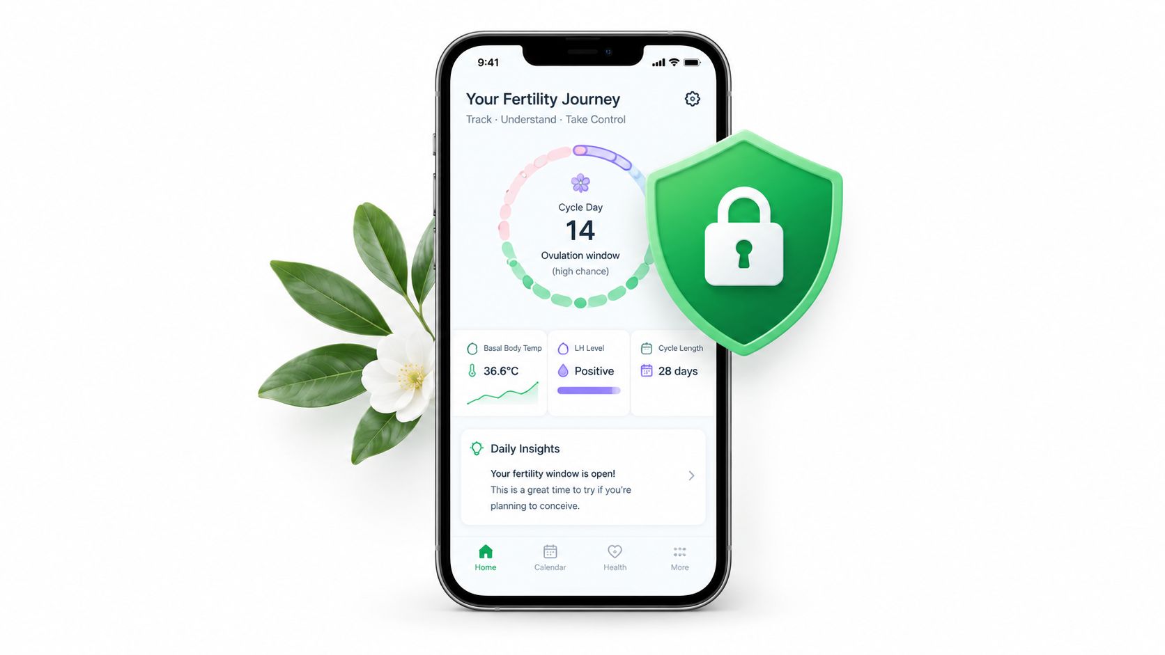 A smartphone screen displaying a fertility tracking app interface protected by a secure green shield icon.
