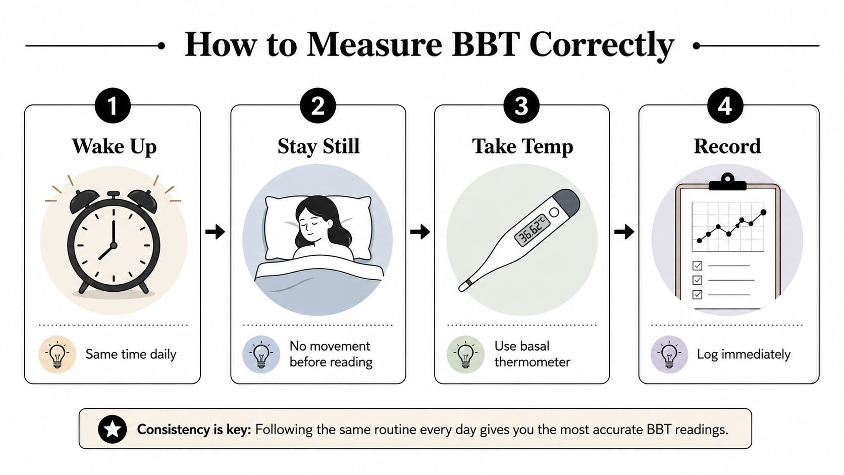 An infographic showing four steps to measure basal body temperature accurately, including timing, staying still, and recording data.