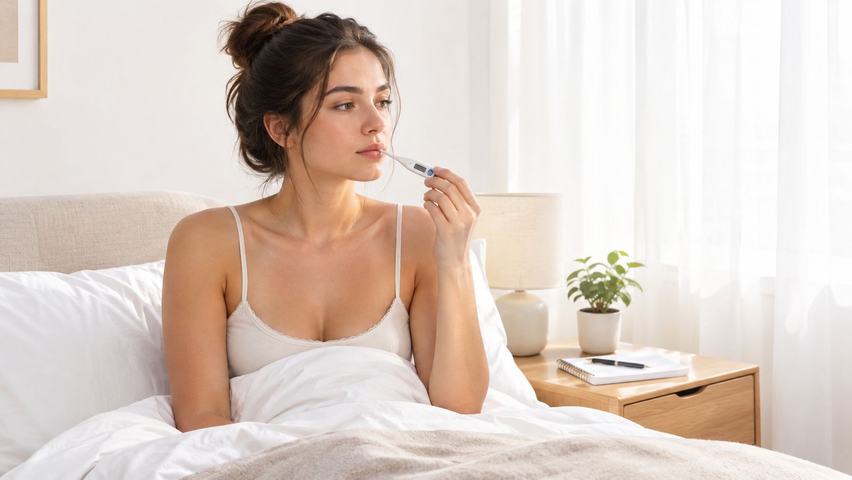 A woman sitting in bed in the morning measuring her basal body temperature with a digital thermometer.
