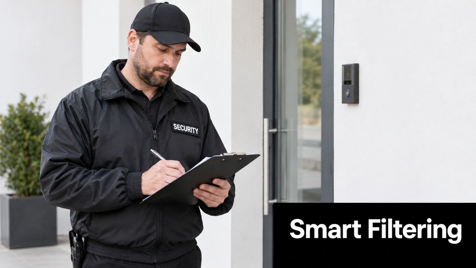 A security guard in a black uniform writes on a clipboard near a modern building entrance.