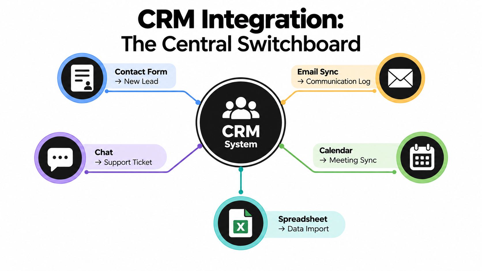 A diagram illustrating a CRM system as a central switchboard connecting contact forms, chat, email, calendar, and spreadsheets.