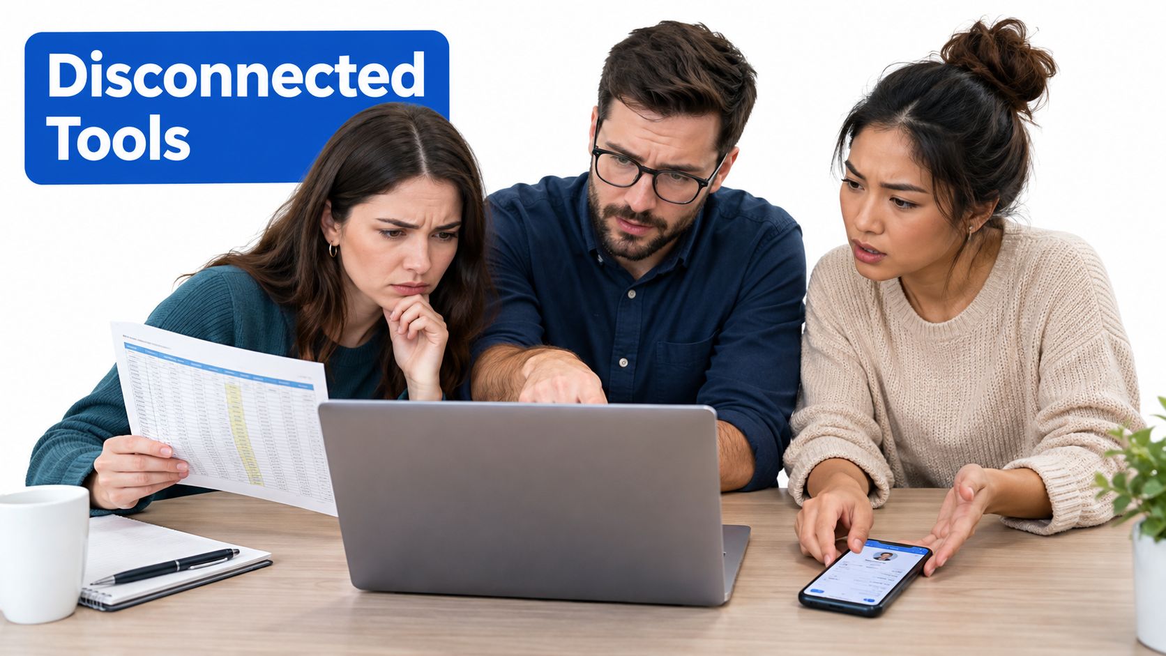 A diverse group of three professionals looking frustrated while trying to coordinate disconnected digital tools and documents.