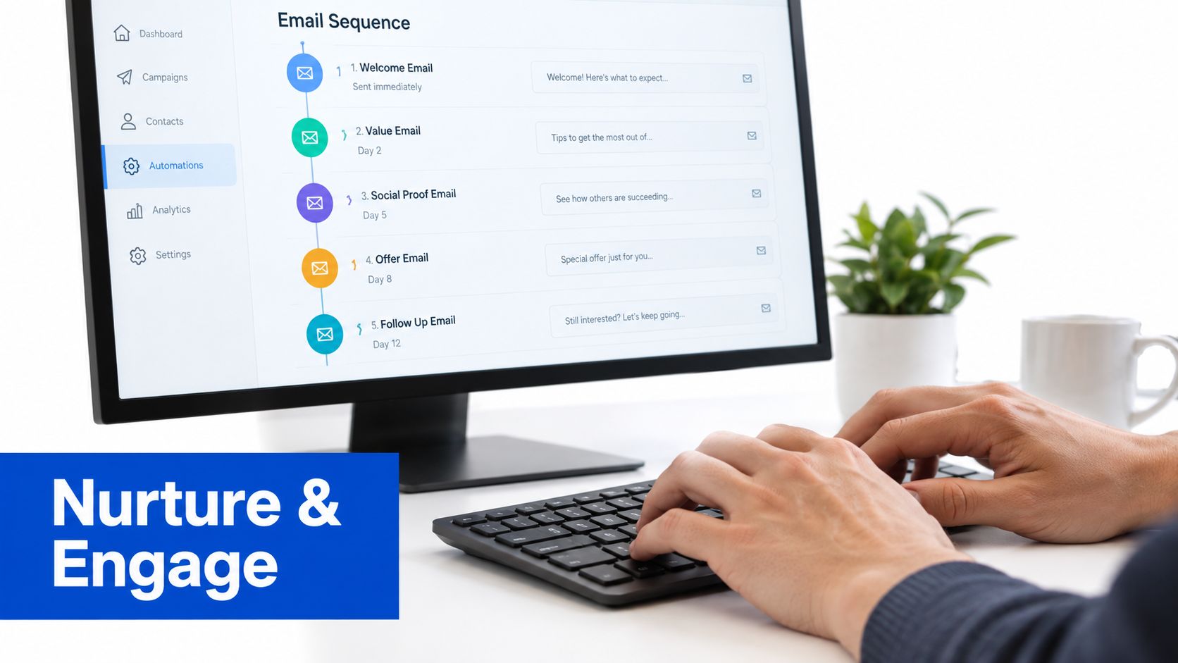 A person typing on a keyboard while viewing an email marketing automation sequence on a computer monitor.