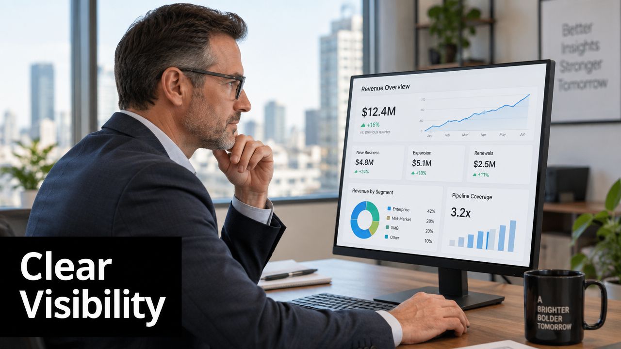 A professional man reviewing data and revenue metrics on a computer screen in a modern office.