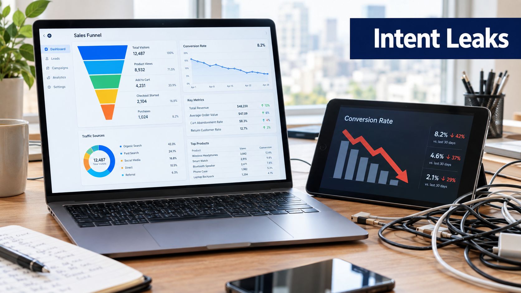 A laptop and tablet displaying business sales funnel and conversion rate data on a wooden desk.