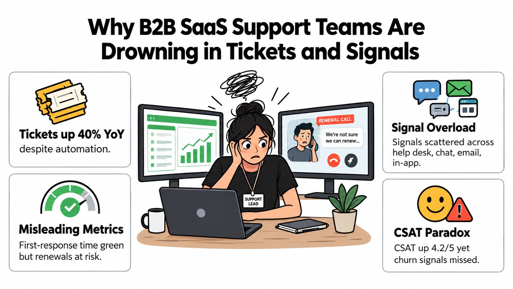 A support lead looking stressed while managing overwhelming customer tickets, data, and renewal signals on computers.