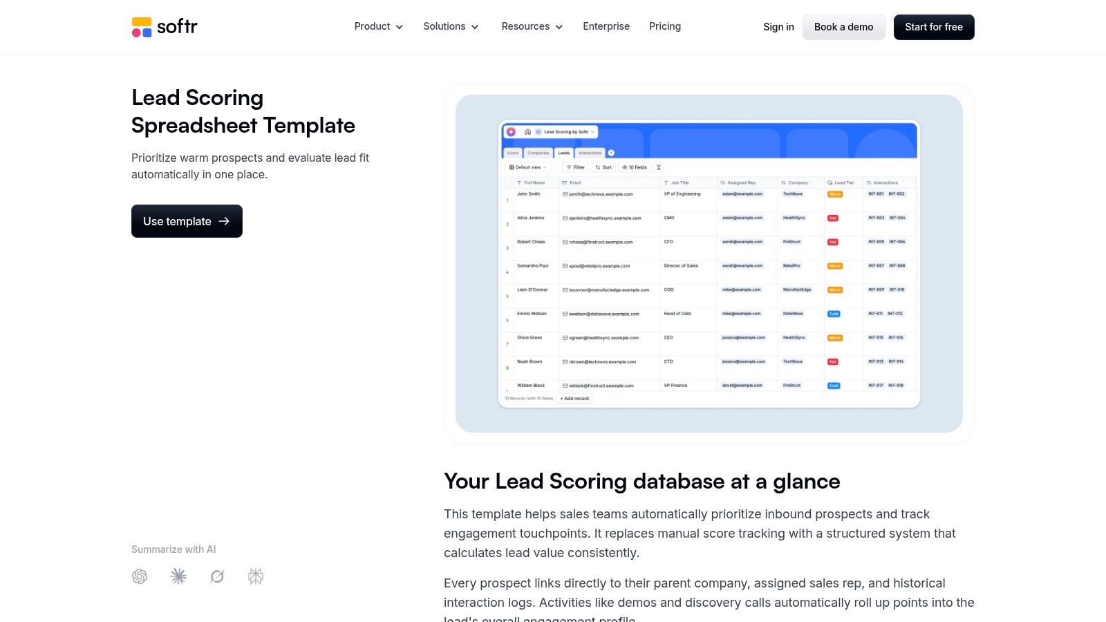 Softr, Free Lead Scoring Spreadsheet Template