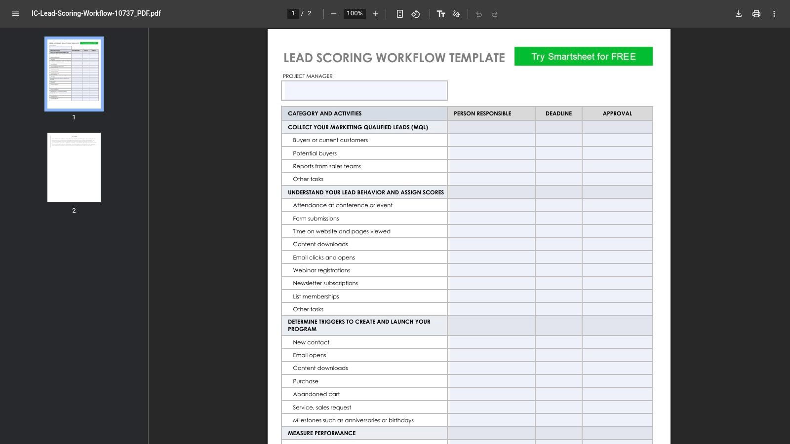 Smartsheet, Lead Scoring Workflow Template