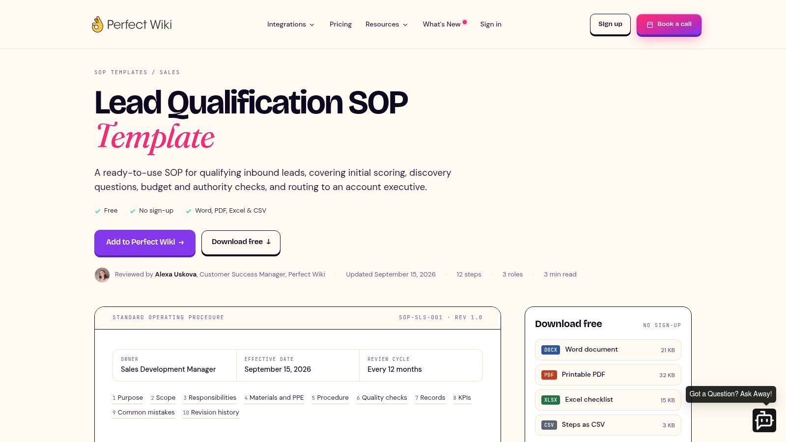 Perfect Wiki for Teams, Lead Qualification SOP