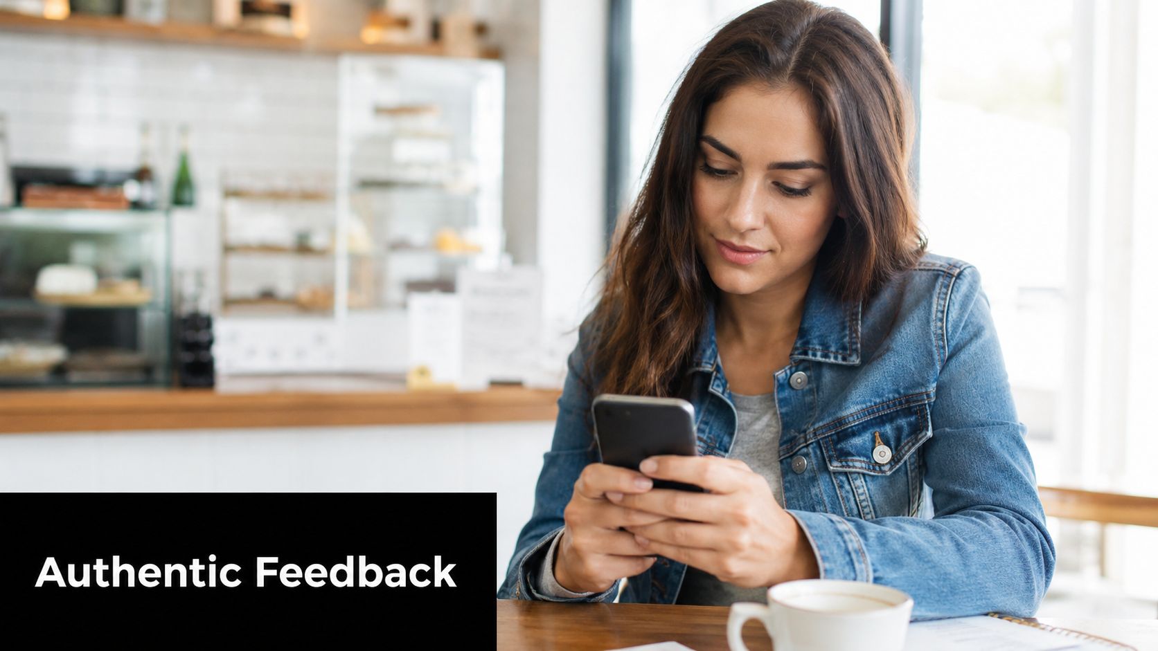 A smiling young woman in a denim jacket looking at her smartphone while sitting in a cafe.