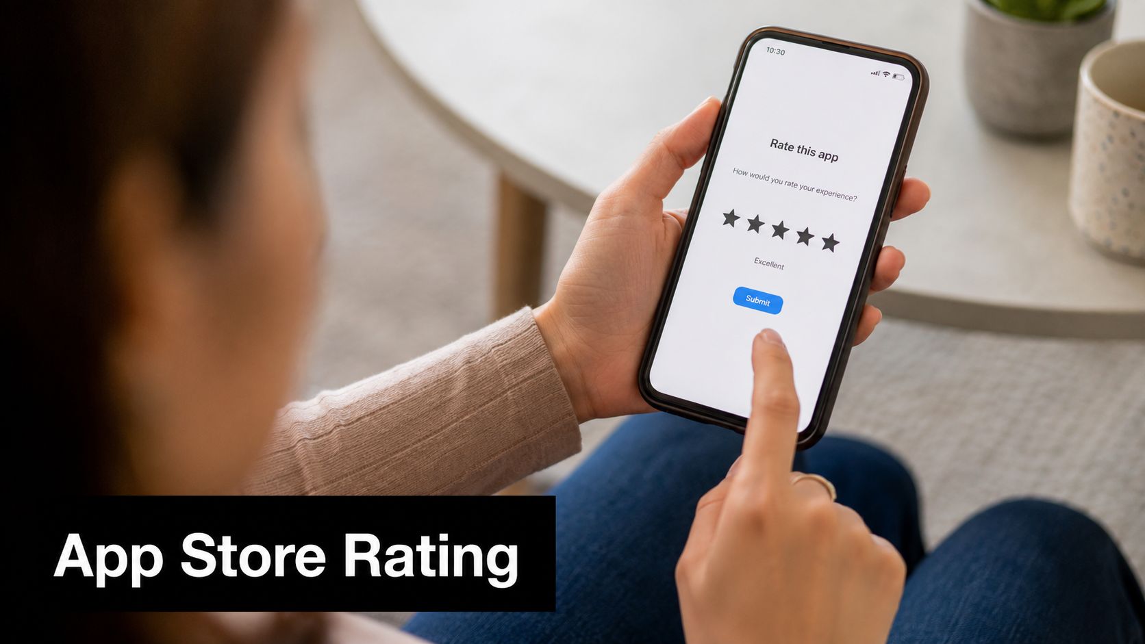 A woman using her smartphone to give a five star rating for a mobile application.