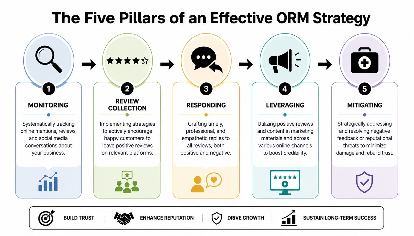 An infographic showing the five pillars of an effective online reputation management strategy including monitoring, review collection, responding, leveraging, and mitigating.