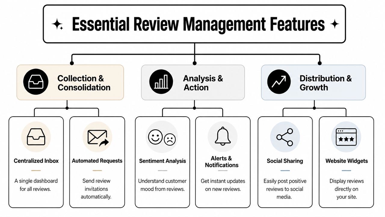 A diagram illustrating essential review management software features including collection, consolidation, analysis, action, distribution, and growth.