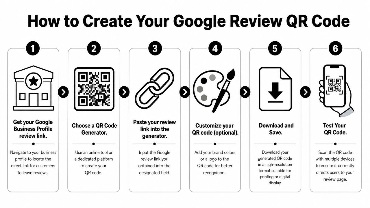 A six-step infographic showing how to create a Google review QR code for your business.