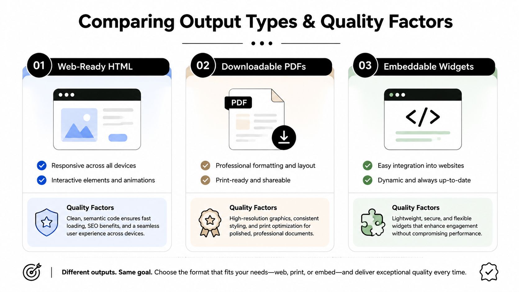 An infographic titled Comparing Output Types and Quality Factors showing Web-Ready HTML, Downloadable PDFs, and Embeddable Widgets.